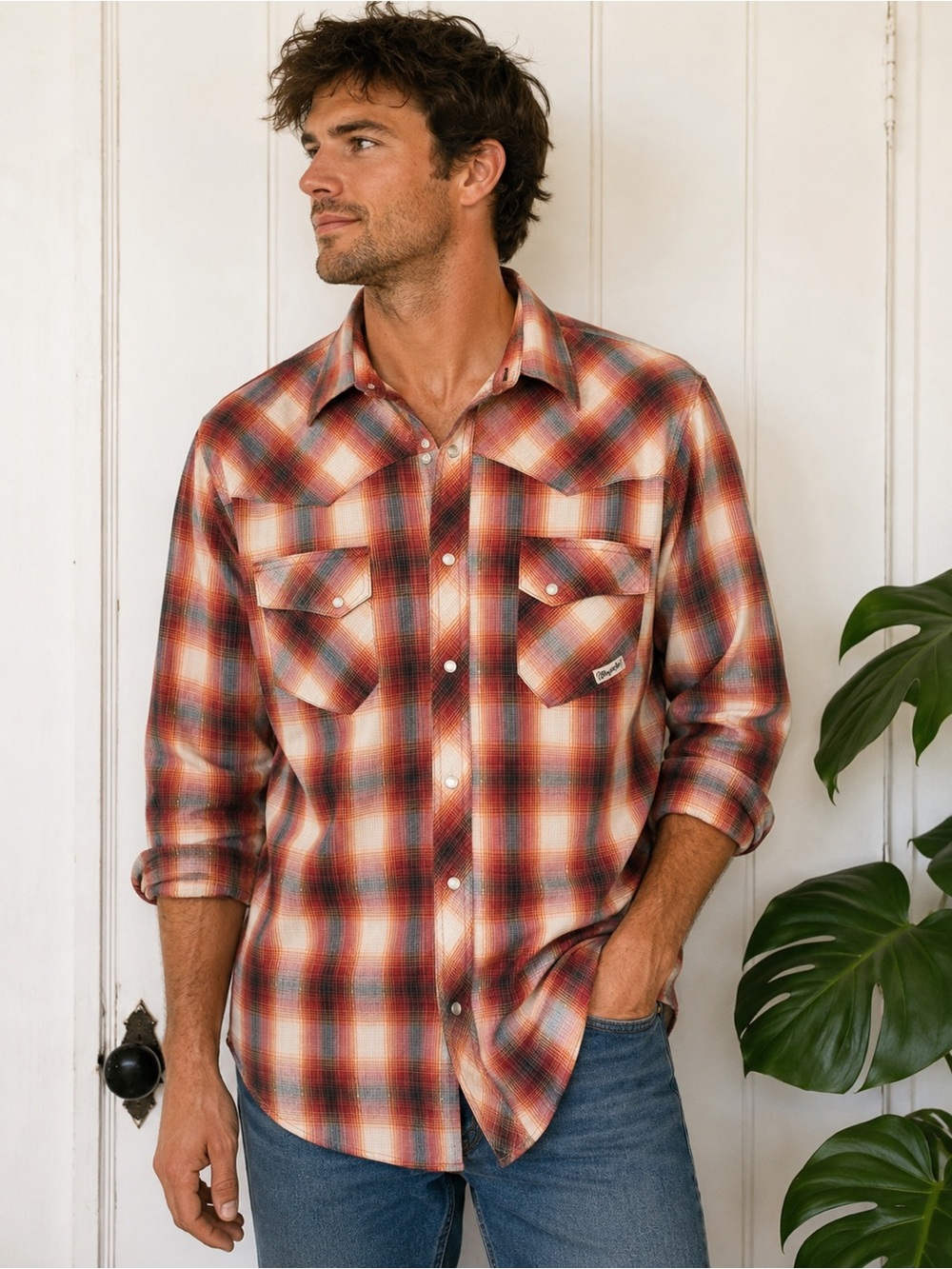 Wrangler Men’s Large Pearl Snap Western Plaid Shirt Cowboy Rodeo Ranch Wear